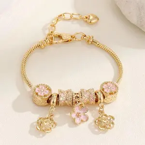 Trendy Rhinestone Beaded Bracelet with Drip Flower and Metal Charm Pendants Elegant Copper Chain Jewelry for Versatile Outfits