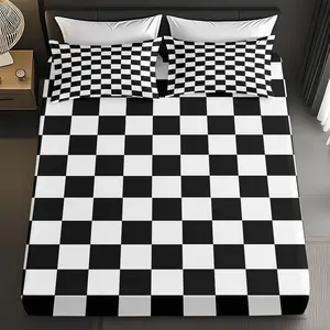 2/3PCS Black And White Checkered Pattern Fitted Sheet Set,Skin-Friendly Breathable Bedding Set(1*Fitted Sheet Set +1/2*Pillowcase,No Filling),Suitable For All Year Round,Machine-Washable,Valentine'S Day Gift For Family