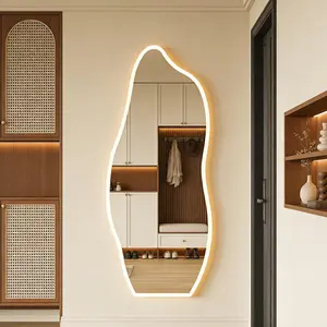 Asymmetrical irregular LED full-length mirror, dolphin/wave-shaped illuminated wall mirror, touch-controlled warm white light, shatter-resistant HD silver mirror, perfect for modern decor in entryways, bedrooms, and bathrooms