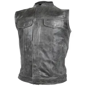 High Mileage Mens Premium Cowhide Distressed Gray SOA Style Biker Club Leather Motorcycle Vest