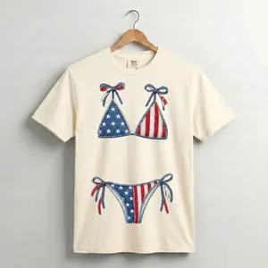 Patchwork Bikini Graphic Tee, Retro USA Denim Summer Shirt, Trendy Beach Vacation Tee, Girly Coastal Comfort Style Shirt