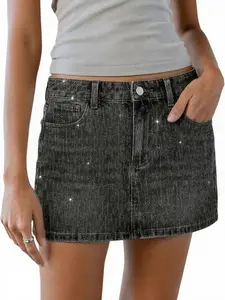Denim Mini Skirt with Rhinestone Embellishments, Starry Sky Design, Perfect for Casual Wear, Stylish Women's Fashion