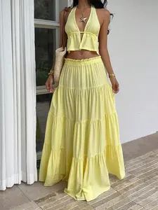 Sunnyshic 2pcs Set Yellow Linen Deep V-Neck Halter Backless Pleated Tank Top & Low Waist Tiered Ruffle Maxi Skirt, Elegant Sexy Outfit For Summer Beach, Party, Daily Wear, Date, Minimalist Design