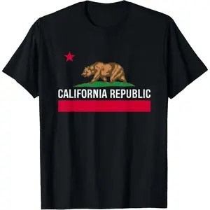 Women's Basic Cotton Short-Sleeve Round Neck Printed T-Shirt - California Republic State Flag Design, Casual Everyday Streetwear Top,summervibes