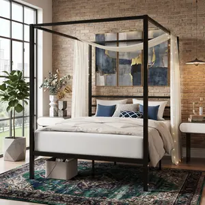 Black 4-Post Metal Canopy Bed Frame Multi Size Stable Support Large Under Bed Storage Noise Free Metal Slats No Box Spring Needed Easy Assembly Modern Bedroom Home Furniture