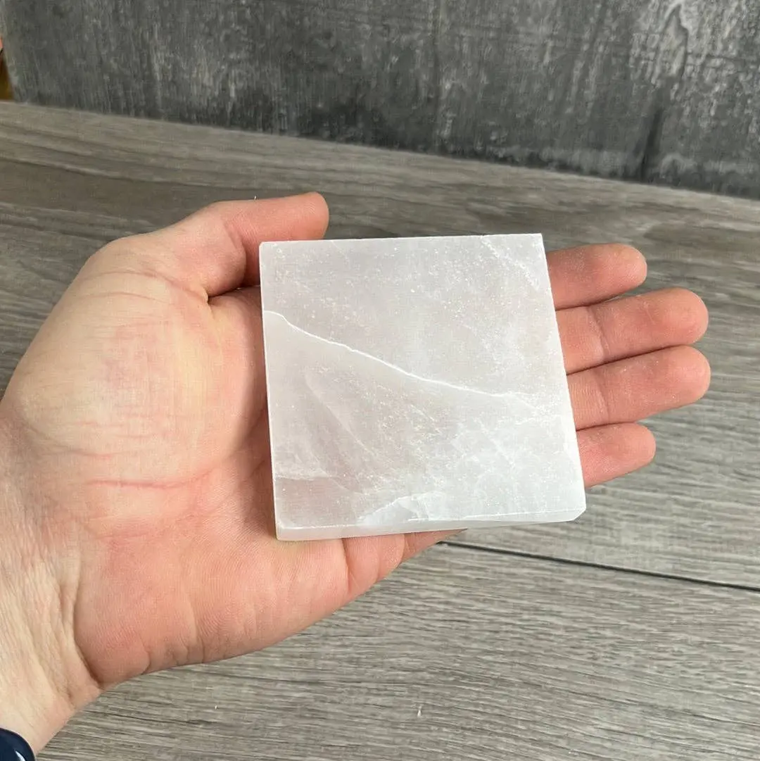 Selenite Charging Plate 2.75" Square Natural Crystal Specimen for Clarity Cleansing and Ordered Display White Translucent with Linear Striations Decorations Altar Composition
