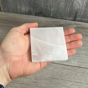 Selenite Charging Plate 2.75" Square Natural Crystal Specimen for Clarity Cleansing and Ordered Display White Translucent with Linear Striations Decorations Altar Composition