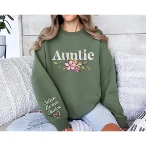 Custom Auntie Sweatshirt With Kids Name On Sleeve, Auntie Sweater,Personalized Gift for Aunt Niece,Nephew Name,Floral Auntie Hoodie Sweater