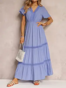 Boho Breeze Vacation Long Dress, Purple Flowy V-Neck Ruffle Sleeve Maxi Dress, Costal Chic Outfits For Women