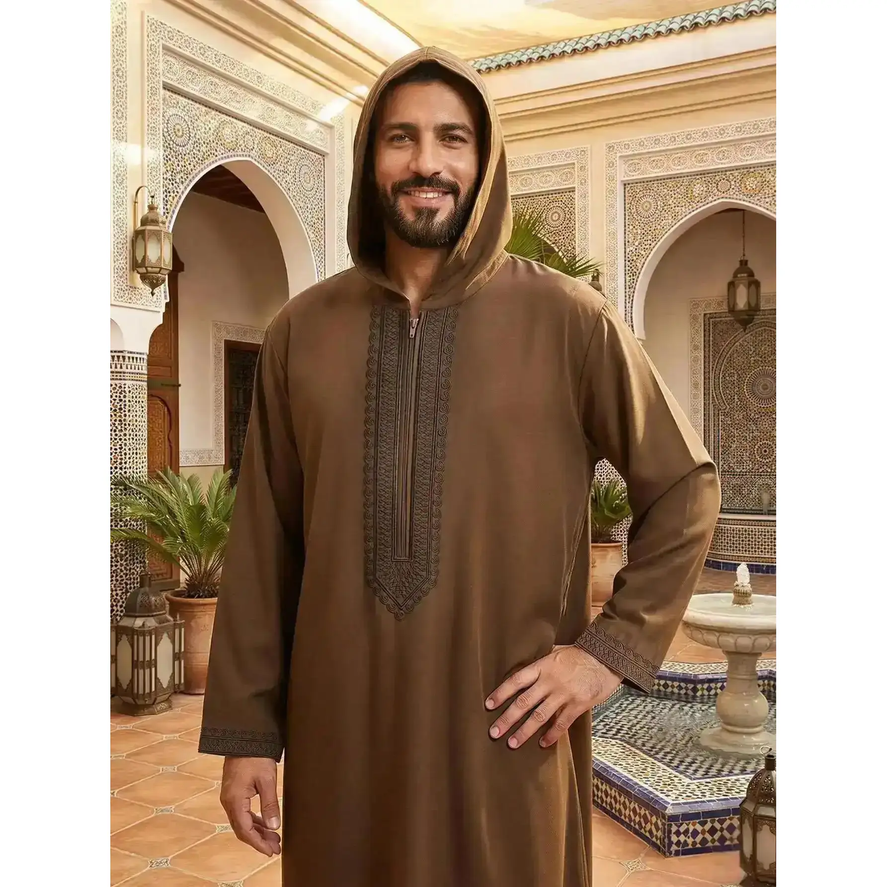 Men's Traditional Moroccan Thobe, Classic Embroidered Loose Hooded Robe for Daily & Formal Wear, Muslim Modesty, Casual Style, Everyday Comfortable Fit, Essential, Must-Have Basics, viral style chic look breathable