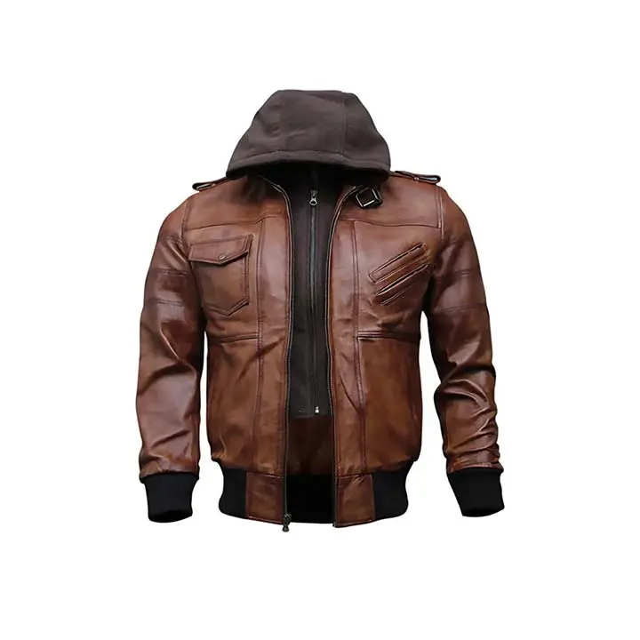 Brown Guerrilla Bomber Jacket - 100% Genuine Leather with Removable Hood & Belted Collar