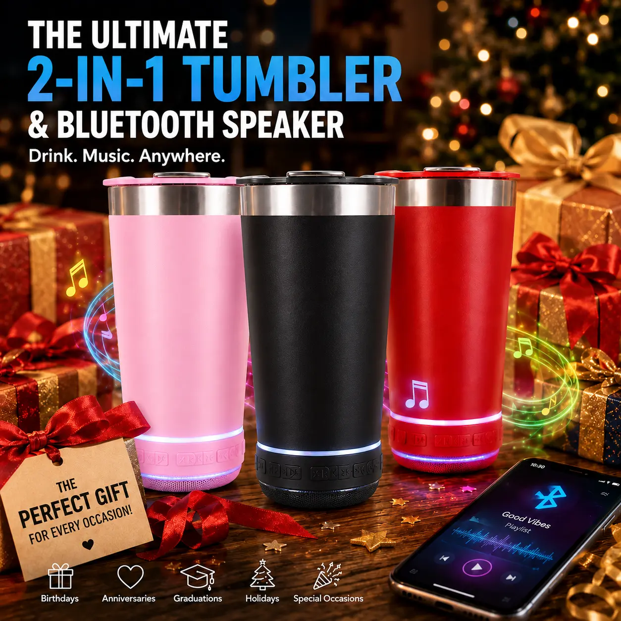 16oz Stainless Steel Insulated Bluetooth Speaker Tumbler - Vacuum Flask, Rechargeable Wireless BT Play, Multi-Color LED Lights, Portable Adults' Insulated Travel Drinkware, Built-in Bluetooth Speaker, Batteries Included, Great Gift for Mom/Dad/Grandpa