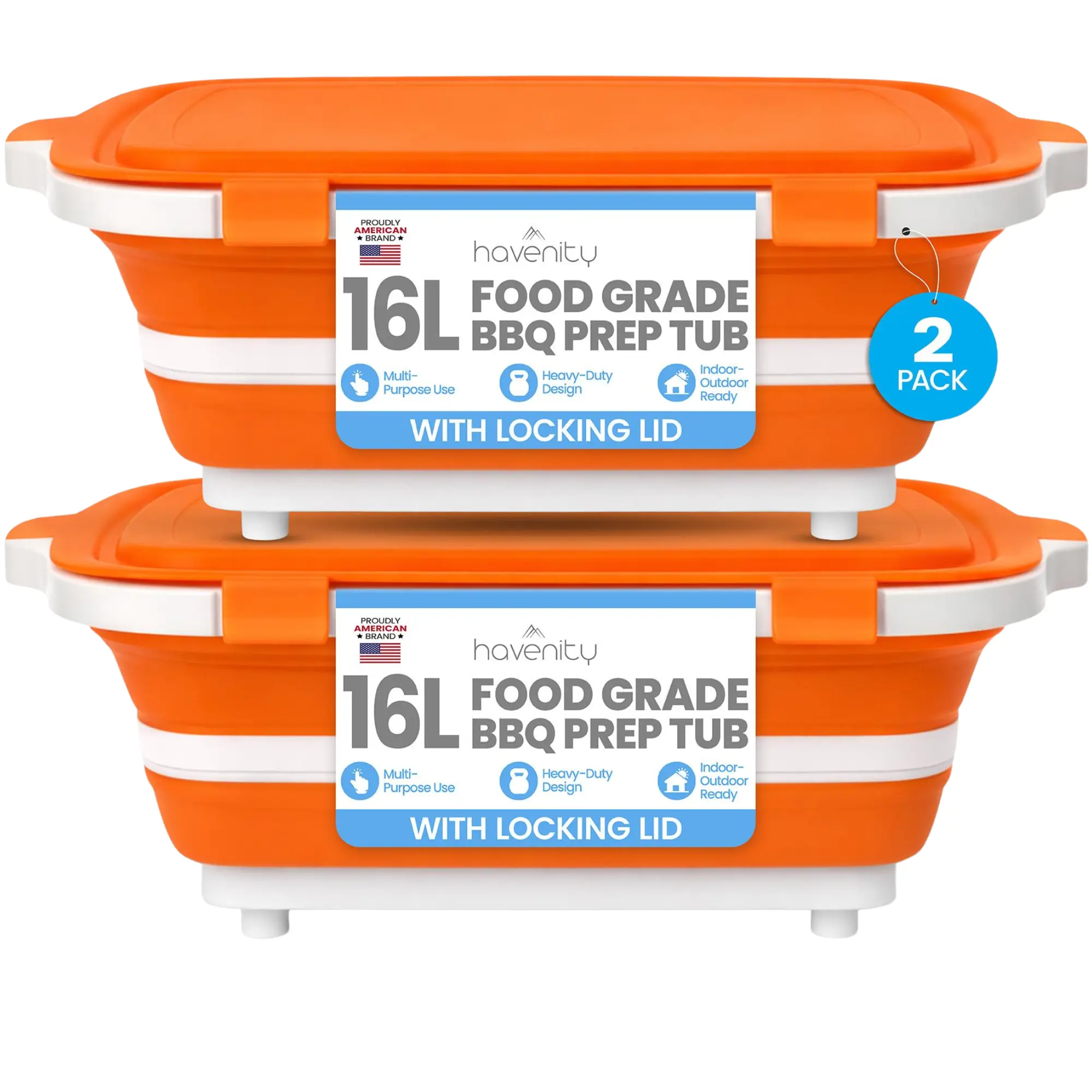 Havenity 2-Pack 16L Collapsible BBQ Prep Tub Kit with Locking Lids, Resealable Food Storage Containers, Multifunctional Camping Cutting Boards for Grilling & Outdoor Meal Prep, Kitchen Household Utensils (XL)