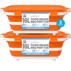 Havenity BBQ Prep Tub 2 Pack (16L+16L) - Multifunctional Collapsible Camping Cutting Board with Locking Lid, Meat Storage Container for Meal Prep, Dish Bowl Perfect for Grilling Outdoor Cooking (XL x 2)