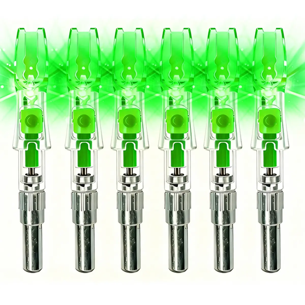 NoxDyn 6pcs 5.2mm Battery-Powered Lighted Nocks - Fits .204/.233/.244/.248 Diameter, 48 Hours Runtime, Easy Tracking, Green Archery Accessory for Bowstrings, Arrows, Easy Arrow Tracking, Green Lighted, On-Off Switch, Led Lighting, Fits Shafts