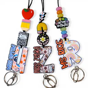 Mommie Peas Creations Personalized Teacher Lanyard - Teacher Appreciation Gifts, 21-in Durable Silicone Bead Accessory, Breakaway Clasp, Custom Font Options, School-Safe Identification Badge Holder