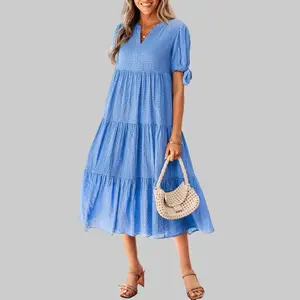 Dear-Lover Women's Blue and Yellow Gingham Shortleeve Tiered Midi Dress - Split V-Neck, Functional Pockets, Polyamide Blend, Bow Tie Accent, Classy Checked Functional Casual Wear, Shortsleeve, Classy Casual Dresses