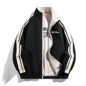 IRABU Men's Black & White Baseball Jacket with Ribbed Trim Classic Casual Stand Collar Sport Coat for Streetwear Fashion