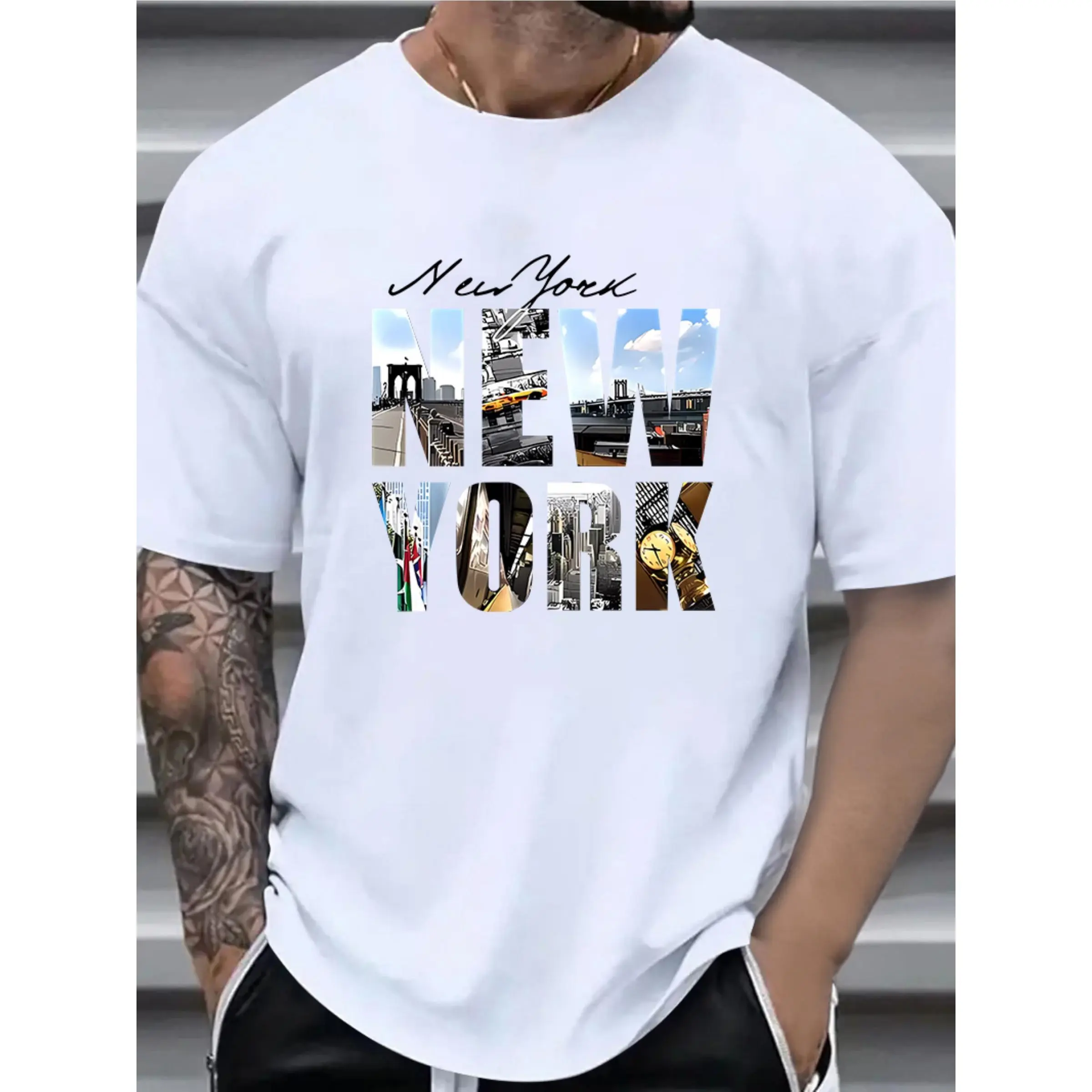 Men's 100% Cotton Smooth Seamless Short Sleeve Graphic T-Shirt - Casual Comfortable Round Neck Menswear with Iconic NYC Skyline Print, Machine Washable, Summer Sports Top