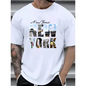 Cotton Short Sleeve  T-Shirt 100% Cotton New York Graphic Tee for Men - Casual & Comfortable Round Neck T-Shirt with Iconic NYC Skyline Print, Machine Washable, Summer Wear