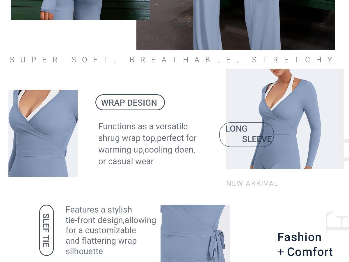 YEOREO Flattering V Neck Wrap Crop Top Long Sleeve Yoga Tie Shirt Breathable Pilates Ballet Workout Tops Athleisure Fashion