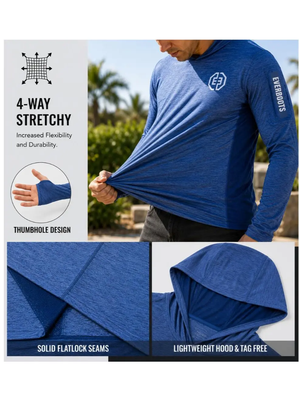 EVER BOOTS UPF +50 Long Sleeve Mens Sun Hoodie with arm pocket and face mask- 4 way stretch, Lightweight, Breathable, Moisture-Wicking, Premium Outdoor Wear for Men