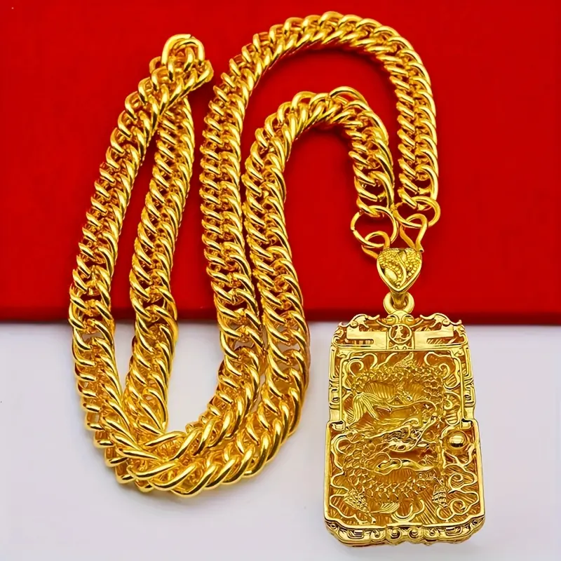 Men's Alloy Copper Golden-Tone Dragon Pendant Necklace - Chunky Chain, Intricate Design, Stylish Costume Jewelry for New Year Gifts or Personal Use, Necklaces