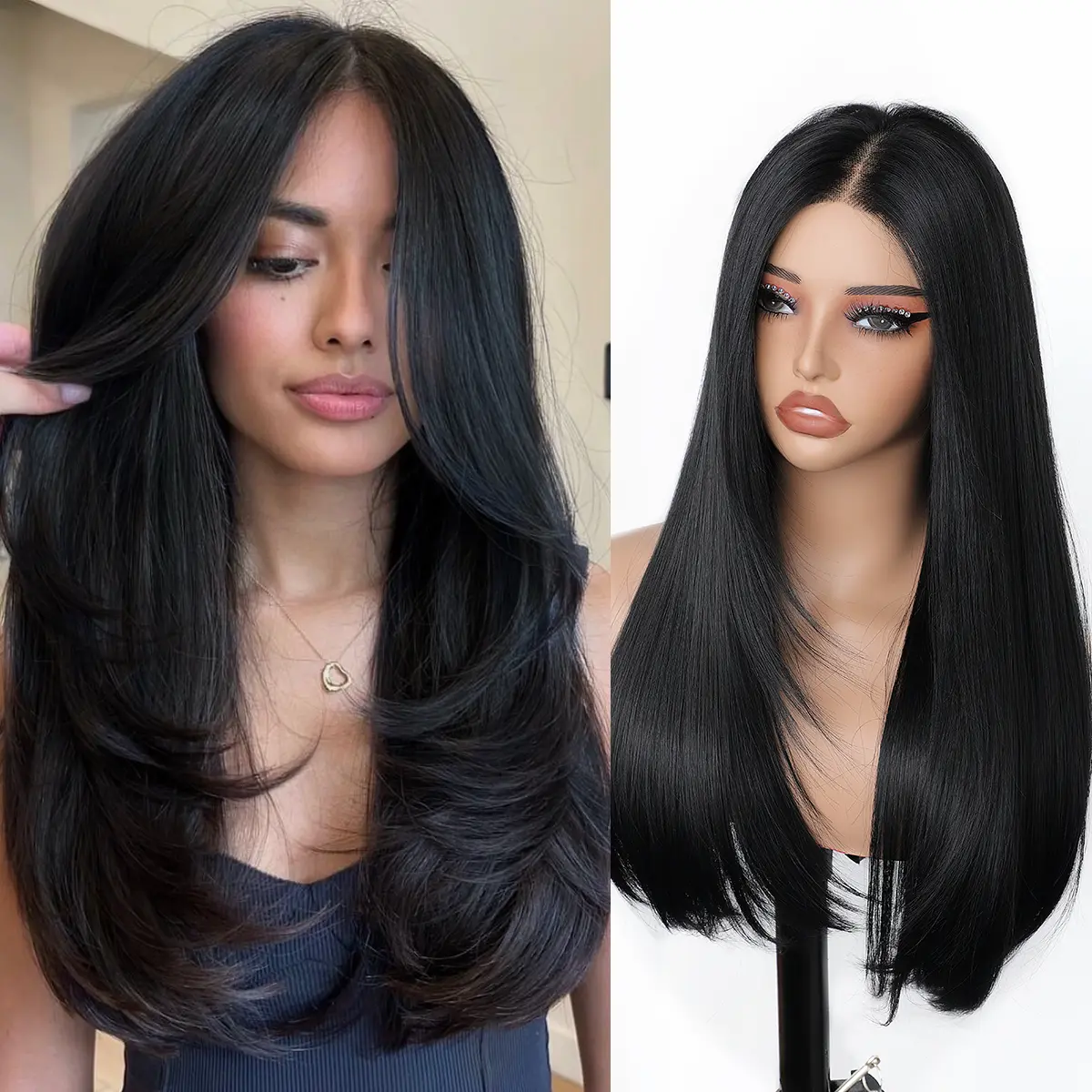 Vigorous Glueless Synthetic Lace Front  22 Inches Long Straight Black Wigs for Black Women HD Lace Hand Tied Pre Plucked Hairline, Glueless Beginner Wig, Natural Hairline Wigs
