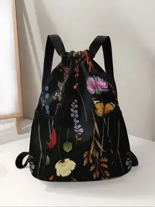 Floral Pattern Drawstring Backpack, Large Capacity Durable Gym Bag, Adjustable Shoulder Straps, Casual Travel Hiking Camping Bag, Outdoor Sports Bag