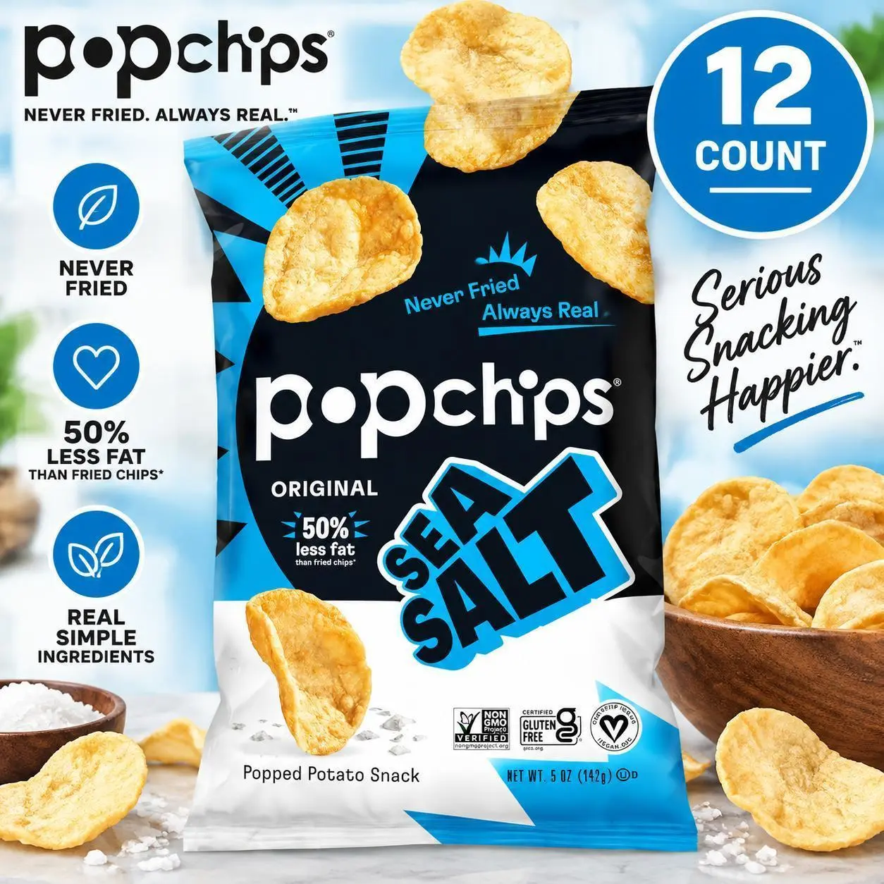Popchips Popped Potato Chips Sea Salt Flavor 5 oz 12 Count Snack Bags Light Crunchy Potato Snacks