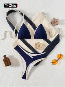Fashion Color Block Sexy Swimsuit Style Bikini Two Piece Set, Triangle Cup Backless V Neck Swimsuit for Summer Beach Vacation, Fitted Short Swim Pants