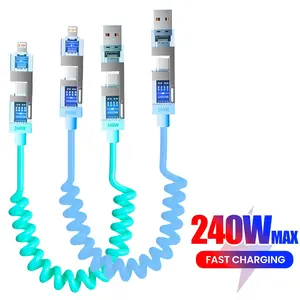 240w Four-In-One Fast Charging Perfume Line, Spring Stretch Dual USB PD to Type-C iOS Interface, Maximum Extension 2m, Transparent Chip Design, Smartphone, Multi Charger Cable