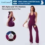 Coral Canton Seamless Backless Halter Top Sports Jumpsuit Bodycon Flared Legs SohoChic