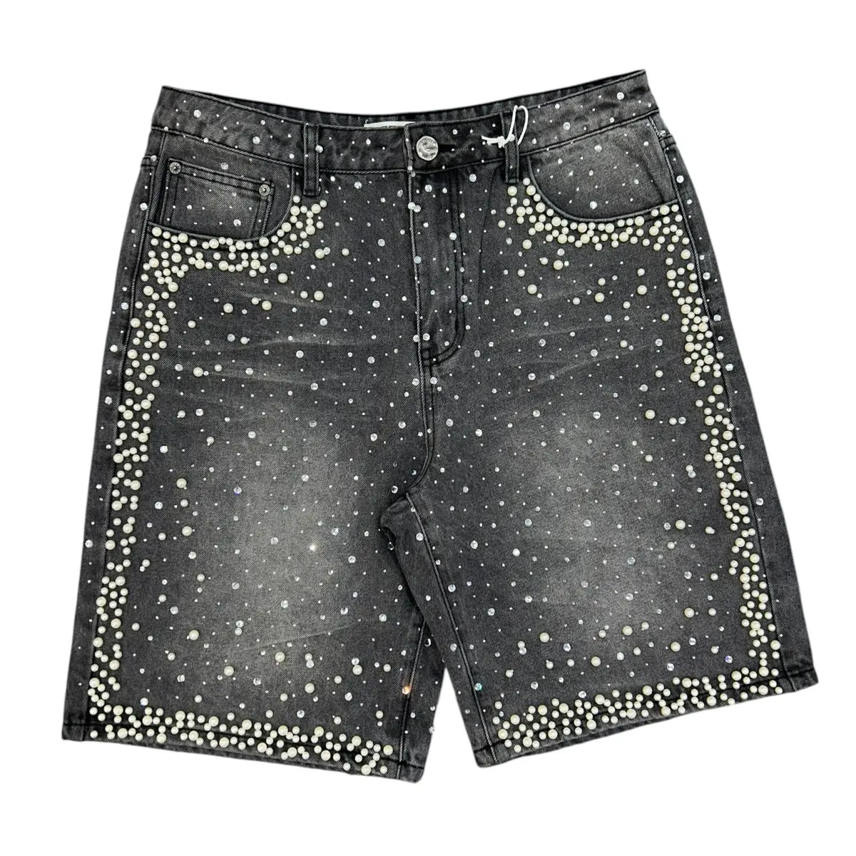 STORM88 | PEARL STUDDED DENIM SHORTS - CHARCOAL