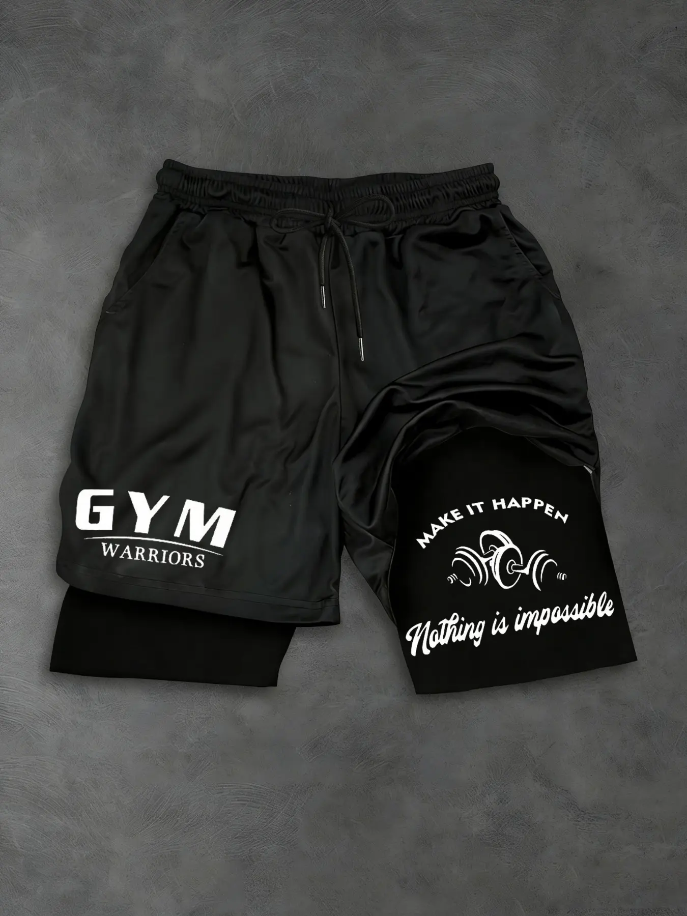 Men's Fitness Warrior Two-In-One Layered Shorts, Motivational Print Gym Shorts, Dual-Layer Training Pants for Daily Gym Workouts, Athletic Shorts