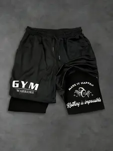 Men's Fitness Warrior Two-In-One Layered Shorts, Motivational Print Gym Shorts, Dual-Layer Training Pants for Daily Gym Workouts, Athletic Shorts