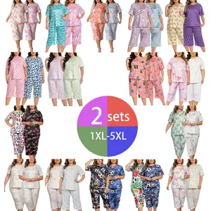 Plus Size 1XL-5XL Women's Pajama Set, Free Choice 2 Sets, Short-Sleeve Top & Capri Pants Loungewear Soft Breathable Fabric