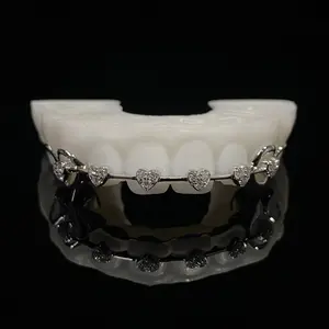 Heart Braces Fangs Grillz With VVS Moissanite Diamond Hip Hop 925 Sterling Silver Grillz
