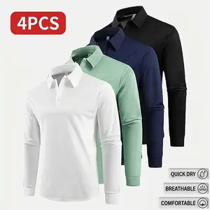 4 Pack Casual Mens Long Sleeve Polo Shirt Quick Dry Golf Tennis Equestrian Apparel Comfortable Collar Cuff Design Sports Clothing for Parties Vacation Travel
