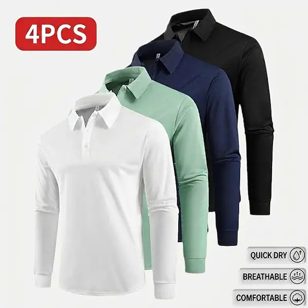 4 Pack Casual Mens Long Sleeve Polo Shirt Quick Dry Golf Tennis Equestrian Apparel Comfortable Collar Cuff Design Sports Clothing for Parties Vacation Travel