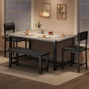 5 Piece Dining Table Set for 4, Kitchen Table with Upholstered Bench and 2 Chairs, Rectangular Retro Table for Small Space, Apartment or Studio