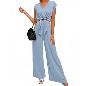 Women's Summer 2 Piece Outfits Cap Sleeve V Neck Belted Crop Tops Wide Leg Pant Sets Casual Tracksuit 100% Polyester Chiffon Texture - Womenswear