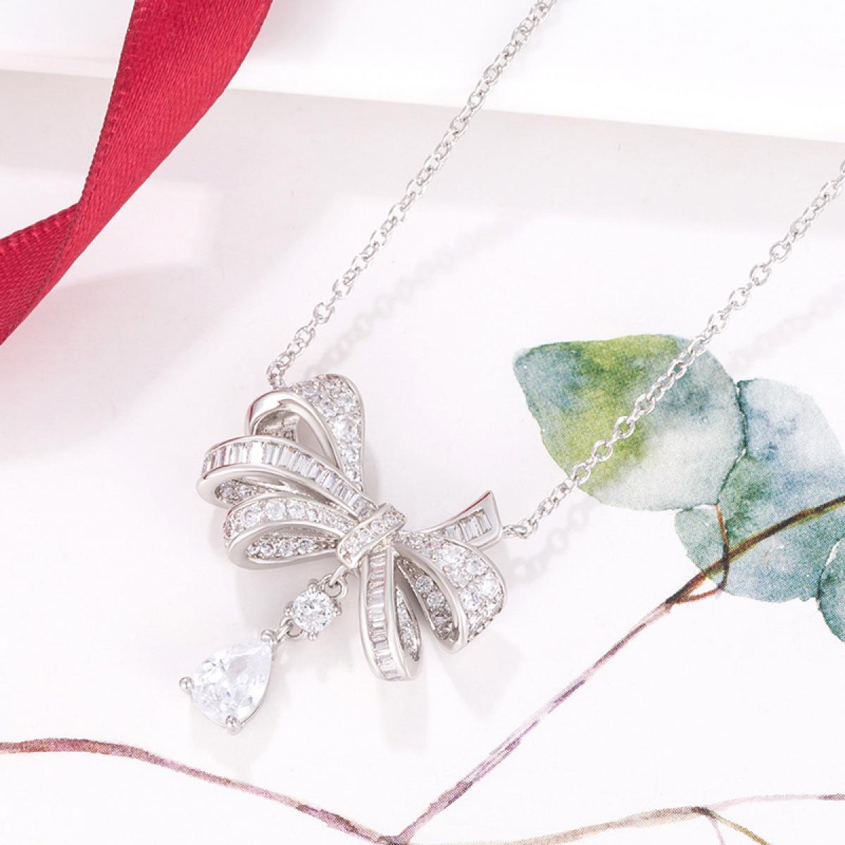 Elegant Sparkling Bow Pendant Necklace for Women, Dainty Ribbon Charm with Teardrop Drop, Luxury Statement Jewelry for Wedding, Party, Prom, Perfect Gift for Girlfriend, Birthday, Valentine's Day, Trending Fairy Aesthetic Accessory