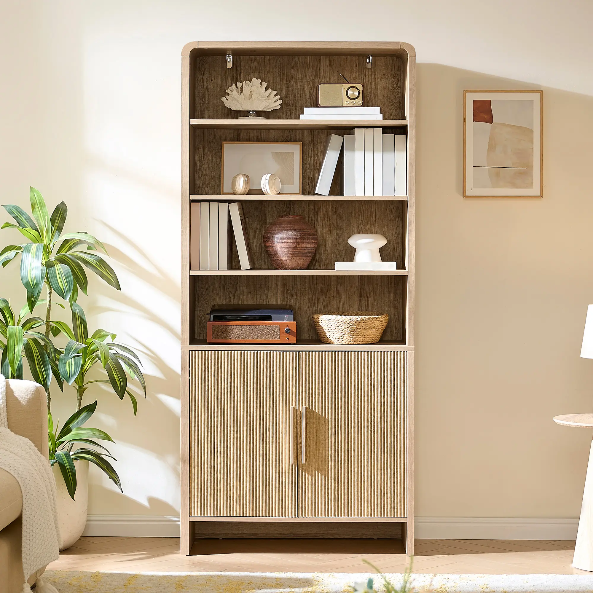 AMERLIFE 71“ Modern Bookcase with Storage Cabinets, 6-Tier Wood Bookshelf with Doors & Adjustable Shelves, Curved Design Display Cabinet for Living Room, Bedroom, or Home Office