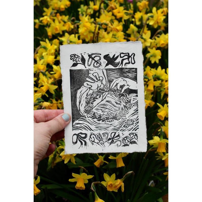 Flower Crown Handmade Linocut Block Print 5x7 Inches - Delicate Linen Paper Artwork with Wildflower Daisy Chain Sewing Girly Bows Perfect for Soft Wall Decor or Gifting