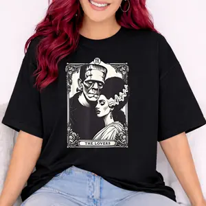 Frankenstein & Bride Lovers Tarot Card T-Shirt | Gothic Horror Illustration