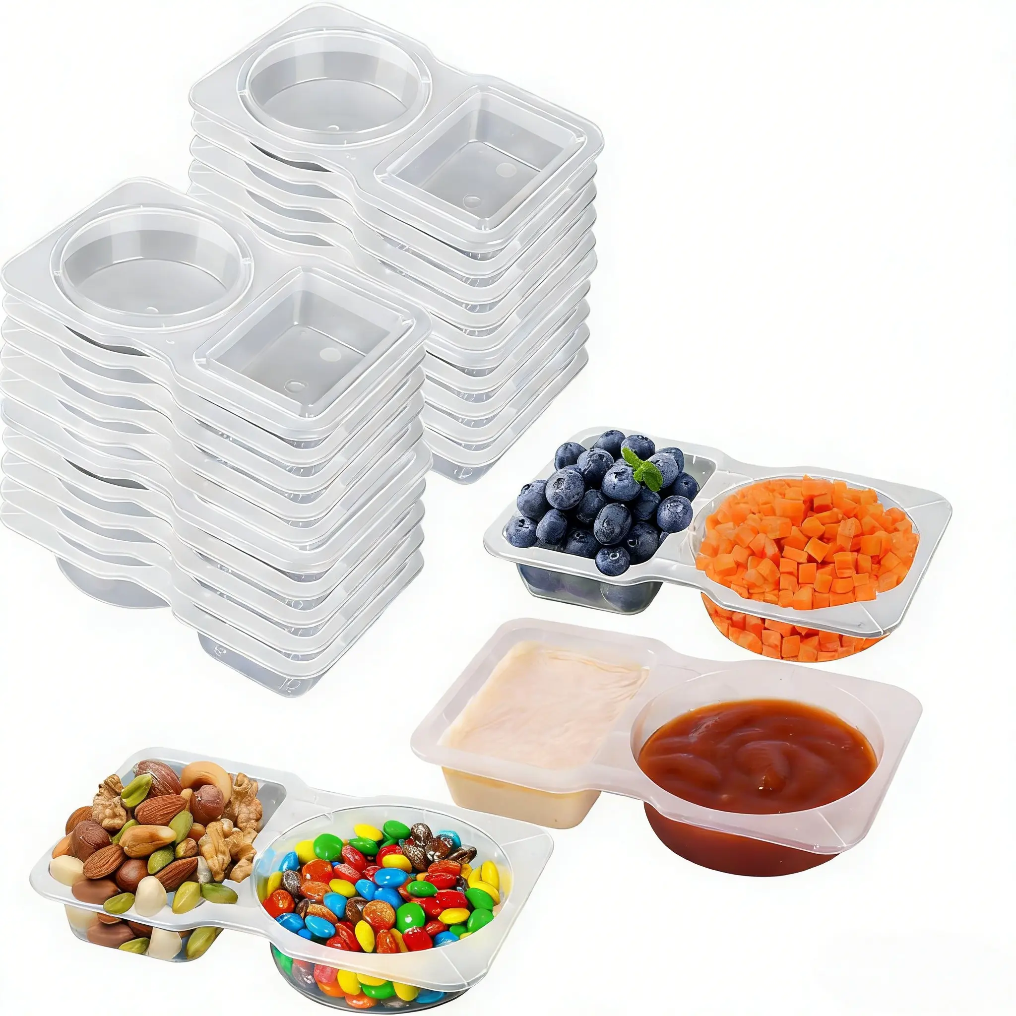 20 Sets Stackable Reusable 2-Compartment Snack Containers, Food Grade PP5 Leak-Proof Plastic Jars, Dishwasher-Safe for Refrigeration, Microwave, Travel Kitchen Use, Stackable Containers