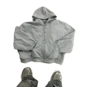Iced out pearl Hoodie - Gray, Long Sleeve, Hooded, Casual Style, Medium Length, Suitable for Fall and Winter