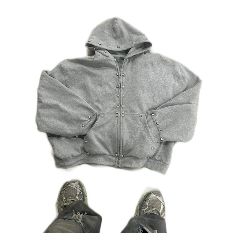 Iced out pearl Hoodie - Gray, Long Sleeve, Hooded, Casual Style, Medium Length, Suitable for Fall and Winter