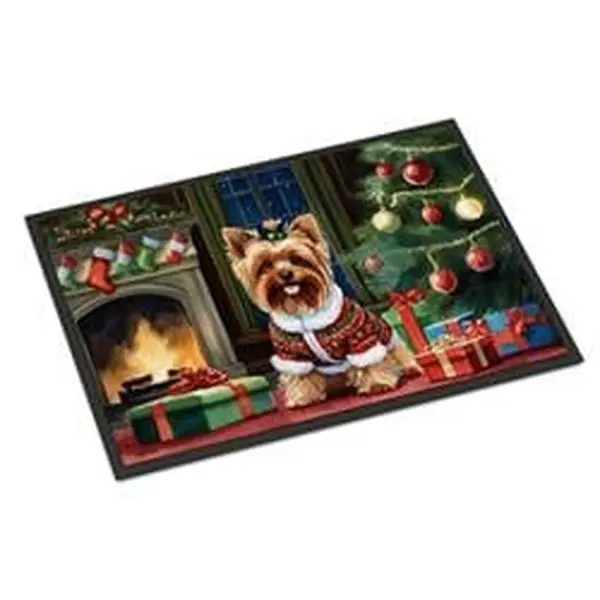 Yorkshire Terrier Christmas Doormat, 0.15x24x36 in, Polyester with Felt Layer, Weatherproof Indoor/Outdoor Entryway Textile Mat